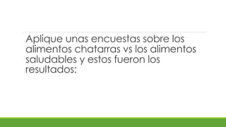Aplique unas encuestas sobre los 
alimentos chatarras vs los alimentos 
saludables y estos fueron los 
resultados: 
 