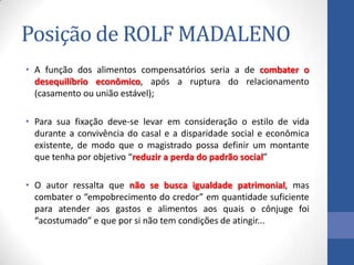 Posição de ROLF MADALENO
• A função dos alimentos compensatórios seria a de combater o
desequilíbrio econômico, após a ruptura do relacionamento
(casamento ou união estável);
• Para sua fixação deve-se levar em consideração o estilo de vida
durante a convivência do casal e a disparidade social e econômica
existente, de modo que o magistrado possa definir um montante
que tenha por objetivo “reduzir a perda do padrão social”
• O autor ressalta que não se busca igualdade patrimonial, mas
combater o “empobrecimento do credor” em quantidade suficiente
para atender aos gastos e alimentos aos quais o cônjuge foi
“acostumado” e que por si não tem condições de atingir...

 