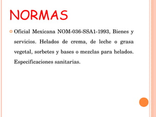 NORMAS  Oficial Mexicana NOM-036-SSA1-1993, Bienes y servicios. Helados de crema, de leche o grasa vegetal, sorbetes y bases o mezclas para helados. Especificaciones sanitarias. 