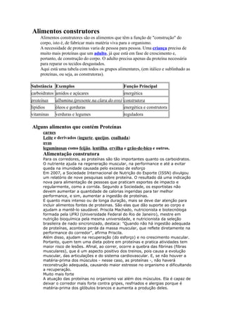 Alimentos construtores
     Alimentos construtores são os alimentos que têm a função de "construção" do
     corpo, isto é, de fabricar mais matéria viva para o organismo.
     A necessidade de proteínas varia de pessoa para pessoa. Uma criança precisa de
     muito mais proteínas que um adulto, já que está em fase de crescimento e,
     portanto, de construção do corpo. O adulto precisa apenas da proteína necessária
     para reparar os tecidos desgastados.
     Aqui está uma tabela com todos os grupos alimentares, (em itálico e sublinhado as
     proteínas, ou seja, as construtoras).

Substância Exemplos                               Função Principal
carboidratos amidos e açúcares                    energética
proteínas    albumina (presente na clara do ovo) construtora
lipídios     óleos e gorduras                     energética e construtora
vitaminas    verduras e legumes                   reguladora

Alguns alimentos que contém Proteínas
       carnes
       Leite e derivados (iogurte, queijos, coalhada)
       ovos
       leguminosas como feijão, lentilha, ervilha e grão-de-bico e outros.
       Alimentação construtora
       Para os corredores, as proteínas são tão importantes quanto os carboidratos.
       O nutriente ajuda na regeneração muscular, na performance e até a evitar
       queda na imunidade causada pelo excesso de esforço
       Em 2007, a Sociedade Internacional de Nutrição do Esporte (ISSN) divulgou
       um relatório de nove pesquisas sobre proteína. O resultado dá uma indicação
       nova para alimentação de pessoas que praticam esportes de impacto e
       regularmente, como a corrida. Segundo a Sociedade, os esportistas não
       devem aumentar a quantidade de calorias ingeridas para ter melhor
       performance, e sim, aumentar a ingestão de proteínas.
       E quanto mais intenso ou de longa duração, mais se deve dar atenção para
       incluir alimentos fontes de proteínas. São elas que dão suporte ao corpo e
       ajudam a mantê-lo saudável. Priscila Machado, nutricionista e biotecnóloga
       formada pela UFRJ (Universidade Federal do Rio de Janeiro), mestre em
       nutrição bioquímica pela mesma universidade, e nutricionista da seleção
       brasileira de nado sincronizado, destaca: "Quando não há ingestão adequada
       de proteínas, acontece perda da massa muscular, que reflete diretamente na
       performance do corredor", afirma Priscila.
       Além disso, ajudam na recuperação (do esforço) e no crescimento muscular.
       Portanto, quem tem uma dieta pobre em proteínas e pratica atividades tem
       maior risco de lesões. Afinal, ao correr, ocorre a quebra das fibrinas (fibras
       musculares), que é um aspecto positivo dos treinos, pois causa a evolução
       muscular, das articulações e do sistema cardiovascular. E, se não houver a
       matéria-prima dos músculos - nesse caso, as proteínas -, não haverá
       reconstrução adequada, causando maior estresse no organismo e dificultando
       a recuperação.
       Muito mais forte
       A atuação das proteínas no organismo vai além dos músculos. Ela é capaz de
       deixar o corredor mais forte contra gripes, resfriados e alergias porque é
       matéria-prima dos glóbulos brancos e aumenta a produção deles.
 