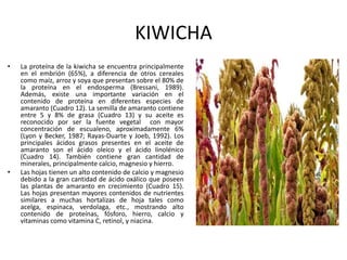 KIWICHA
• La proteína de la kiwicha se encuentra principalmente
en el embrión (65%), a diferencia de otros cereales
como maíz, arroz y soya que presentan sobre el 80% de
la proteína en el endosperma (Bressani, 1989).
Además, existe una importante variación en el
contenido de proteína en diferentes especies de
amaranto (Cuadro 12). La semilla de amaranto contiene
entre 5 y 8% de grasa (Cuadro 13) y su aceite es
reconocido por ser la fuente vegetal con mayor
concentración de escualeno, aproximadamente 6%
(Lyon y Becker, 1987; Rayas-Duarte y Joeb, 1992). Los
principales ácidos grasos presentes en el aceite de
amaranto son el ácido oleico y el ácido linolénico
(Cuadro 14). También contiene gran cantidad de
minerales, principalmente calcio, magnesio y hierro.
• Las hojas tienen un alto contenido de calcio y magnesio
debido a la gran cantidad de ácido oxálico que poseen
las plantas de amaranto en crecimiento (Cuadro 15).
Las hojas presentan mayores contenidos de nutrientes
similares a muchas hortalizas de hoja tales como
acelga, espinaca, verdolaga, etc., mostrando alto
contenido de proteínas, fósforo, hierro, calcio y
vitaminas como vitamina C, retinol, y niacina.
 