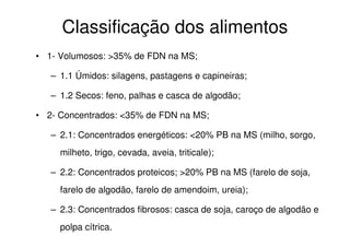 Classificação dos alimentos
• 1- Volumosos: >35% de FDN na MS;
– 1.1 Úmidos: silagens, pastagens e capineiras;
– 1.2 Secos: feno, palhas e casca de algodão;
• 2- Concentrados: <35% de FDN na MS;
– 2.1: Concentrados energéticos: <20% PB na MS (milho, sorgo,
milheto, trigo, cevada, aveia, triticale);
– 2.2: Concentrados proteicos; >20% PB na MS (farelo de soja,
farelo de algodão, farelo de amendoim, ureia);
– 2.3: Concentrados fibrosos: casca de soja, caroço de algodão e
polpa cítrica.
 