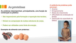 As proteínas desempenham, principalmente, uma função de
construção ou plástica:
 São responsáveis pela formação e reparação dos tecidos;
 Entram na composição de muitas estruturas do corpo,
 Podem ser utilizadas como fonte de energia;
Exemplos de alimento com proteínas:
 