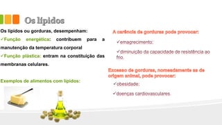 Os lípidos ou gorduras, desempenham:
Função energética: contribuem para a
manutenção da temperatura corporal
Função plástica: entram na constituição das
membranas celulares.
Exemplos de alimentos com lípidos:
.
 