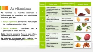 As vitaminas são nutrietes essenciais e
indispesaveis ao organismo em quantidades
reduzidas, pois têm:
 função reguladora: promovem a manutenção
de reações necessárias à vida.
 função protetora: contribuem para a
prevenção de certas doenças.
Cada vitamina apresenta funções específicas,
não se podendo substituir umas pelas outras.
As doenças provocadas pela carência em
vitaminas são designadas por avitaminoses.
 
