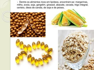 - Dentre os alimentos ricos em lipídeos, encontram-se: margarinas, 
milho, aveia, soja, gergelim, girassol, abacate, cevada, trigo integral, 
centeio, óleos de canola, de soja e de peixes. 
 