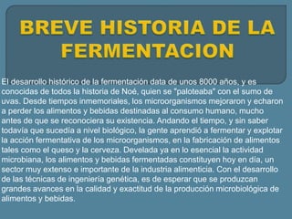 El desarrollo histórico de la fermentación data de unos 8000 años, y es
conocidas de todos la historia de Noé, quien se "paloteaba" con el sumo de
uvas. Desde tiempos inmemoriales, los microorganismos mejoraron y echaron
a perder los alimentos y bebidas destinadas al consumo humano, mucho
antes de que se reconociera su existencia. Andando el tiempo, y sin saber
todavía que sucedía a nivel biológico, la gente aprendió a fermentar y explotar
la acción fermentativa de los microorganismos, en la fabricación de alimentos
tales como el queso y la cerveza. Develada ya en lo esencial la actividad
microbiana, los alimentos y bebidas fermentadas constituyen hoy en día, un
sector muy extenso e importante de la industria alimenticia. Con el desarrollo
de las técnicas de ingeniería genética, es de esperar que se produzcan
grandes avances en la calidad y exactitud de la producción microbiológica de
alimentos y bebidas.
 
