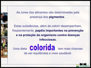 As cores dos alimentos são determinadas pela
presença dos pigmentos.
Estas substâncias, além de colorir desempenham,
freqüentemente, papéis importantes na prevenção
e na proteção do organismo contra doenças
infecciosas.
Uma dieta
tem mais chances
de ser equilibrada e mais saudável.

 