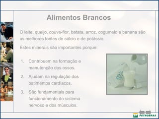 Alimentos Brancos
O leite, queijo, couve-flor, batata, arroz, cogumelo e banana são
as melhores fontes de cálcio e de potássio.
Estes minerais são importantes porque:
1. Contribuem na formação e
manutenção dos ossos.
2. Ajudam na regulação dos
batimentos cardíacos.
3. São fundamentais para
funcionamento do sistema
nervoso e dos músculos.

 