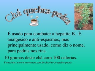 É usado para combater a hepatite B. É
  analgésico e anti-espasmos, mas
  principalmente usado, como diz o nome,
  para pedras nos rins.
10 gramas deste chá com 100 calorias.
Fonte:http://natural.enternauta.com.br/cha/cha-de-quebra-pedra/
 
