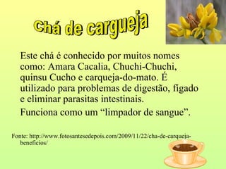 Este chá é conhecido por muitos nomes
   como: Amara Cacalia, Chuchi-Chuchi,
   quinsu Cucho e carqueja-do-mato. É
   utilizado para problemas de digestão, fígado
   e eliminar parasitas intestinais.
   Funciona como um “limpador de sangue”.

Fonte: http://www.fotosantesedepois.com/2009/11/22/cha-de-carqueja-
   beneficios/
 