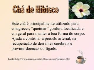 Este chá é principalmente utilizado para
   emagrecer, “queimar” gordura localizada e
   em geral para manter a boa forma do corpo.
   Ajuda a controlar a pressão arterial, na
   recuperação de derrames cerebrais e
   previnir doenças do fígado.

Fonte: http://www.aservascuram.50megs.com/hibiscus.htm
 