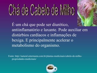 É um chá que pode ser diurético,
   antiinflamatório e laxante. Pode auxiliar em
   distúrbios cardíacos e inflamações de
   bexiga. E principalmente acelerar o
   metabolismo do organismo.

Fonte: http://natural.enternauta.com.br/plantas-medicinais/cabelo-de-milho-
   propriedades-medicinais/
 