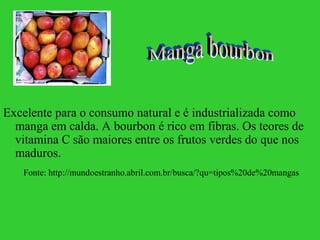 Excelente para o consumo natural e é industrializada como
  manga em calda. A bourbon é rico em fibras. Os teores de
  vitamina C são maiores entre os frutos verdes do que nos
  maduros.
   Fonte: http://mundoestranho.abril.com.br/busca/?qu=tipos%20de%20mangas
 