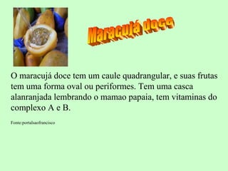 O maracujá doce tem um caule quadrangular, e suas frutas
tem uma forma oval ou periformes. Tem uma casca
alanranjada lembrando o mamao papaia, tem vitaminas do
complexo A e B.
Fonte:portalsaofrancisco
 