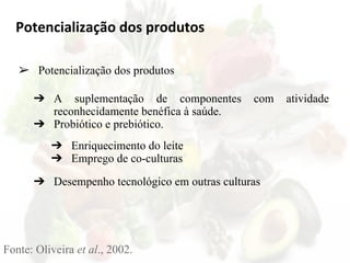 ➔ A suplementação de componentes com atividade
reconhecidamente benéfica à saúde.
➔ Probiótico e prebiótico.
Potencialização dos produtos
Fonte: Oliveira et al., 2002.
➢ Potencialização dos produtos
➔ Enriquecimento do leite
➔ Emprego de co-culturas
➔ Desempenho tecnológico em outras culturas
 