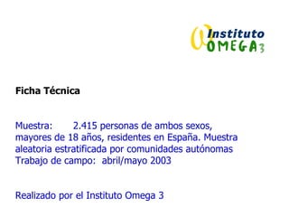 Ficha Técnica Muestra:  2.415 personas de ambos sexos,  mayores de 18 años, residentes en España. Muestra aleatoria estratificada por comunidades autónomas Trabajo de campo:  abril/mayo 2003 Realizado por el Instituto Omega 3 