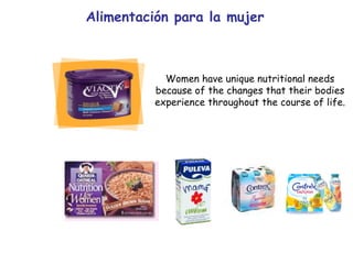 Alimentación para la mujer Women have unique nutritional needs because of the changes that their bodies experience throughout the course of life. 