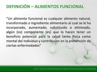 Insert title text here
   DEFINICIÓN – ALIMENTOS FUNCIONAL

   “Un alimento funcional es cualquier alimento natural,
   transformado o ingrediente alimentario al cual se le ha
   incorporado, aumentado, substituido o eliminado,
   algún (os) componente (es) que lo hacen tener un
   beneficio potencial para la salud tanto física como
   mental del individuo y contribuyen en la prevención de
   ciertas enfermedades”




                         Cortés M. En: Alimentos Funcionales. Misael Cortés Rodríguez PhD. Ingeniería de Alimentos Universidad Nacional de Colombia Sede Medellín
 