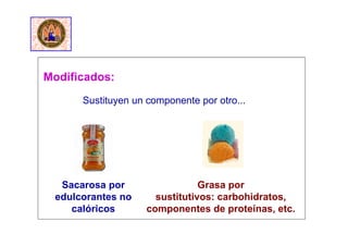 Modificados:
Sustituyen un componente por otro...
Grasa por
sustitutivos: carbohidratos,
componentes de proteínas, etc.
Sacarosa por
edulcorantes no
calóricos
 