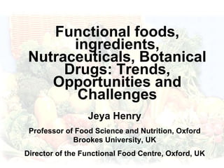 Functional foods, ingredients, Nutraceuticals, Botanical Drugs: Trends, Opportunities and Challenges Jeya Henry Professor of Food Science and Nutrition, Oxford Brookes University, UK Director of the Functional Food Centre, Oxford, UK 
