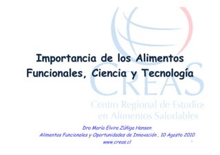 Importancia de los Alimentos
Funcionales, Ciencia y Tecnología




                     Dra María Elvira Zúñiga Hansen
  Alimentos Funcionales y Oportunidades de Innovación , 10 Agosto 2010
                              www.creas.cl                           1
 