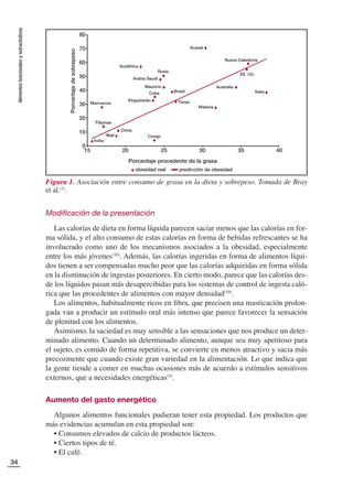 Alimentos
funcionales
y
nutracéuticos
34
Modiﬁcación de la presentación
Las calorías de dieta en forma líquida parecen saciar menos que las calorías en for-
ma sólida, y el alto consumo de estas calorías en forma de bebidas refrescantes se ha
involucrado como uno de los mecanismos asociados a la obesidad, especialmente
entre los más jóvenes(10)
. Además, las calorías ingeridas en forma de alimentos líqui-
dos tienen a ser compensadas mucho peor que las calorías adquiridas en forma sólida
en la disminución de ingestas posteriores. En cierto modo, parece que las calorías des-
de los líquidos pasan más desapercibidas para los sistemas de control de ingesta caló-
rica que las procedentes de alimentos con mayor densidad(10)
.
Los alimentos, habitualmente ricos en ﬁbra, que precisen una masticación prolon-
gada van a producir un estímulo oral más intenso que parece favorecer la sensación
de plenitud con los alimentos.
Asimismo, la saciedad es muy sensible a las sensaciones que nos produce un deter-
minado alimento. Cuando un determinado alimento, aunque sea muy apetitoso para
el sujeto, es comido de forma repetitiva, se convierte en menos atractivo y sacia más
precozmente que cuando existe gran variedad en la alimentación. Lo que indica que
la gente tiende a comer en muchas ocasiones más de acuerdo a estímulos sensitivos
externos, que a necesidades energéticas(5)
.
Aumento del gasto energético
Algunos alimentos funcionales pudieran tener esta propiedad. Los productos que
más evidencias acumulan en esta propiedad son:
• Consumos elevados de calcio de productos lácteos.
• Ciertos tipos de té.
• El café.
Figura 1. Asociación entre consumo de grasa en la dieta y sobrepeso. Tomada de Bray
et al.(2)
.
 