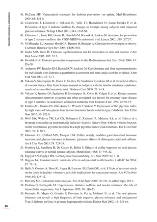 Alimentos
funcionales
y
nutracéuticos
46
41. McCarty MF. Nutraceutical resources for diabetes prevention –an update. Med Hypotheses
2005; 64: 151-8.
42. Tuomilehto J, Lindstrom J, Eriksson JG, Valle TT, Hamalainen H, Ilanne-Parikka P, et al.
Prevention of type 2 diabetes mellitus by changes in lifestyle among subjects with impaired
glucose tolerance. N Engl J Med 2001; 344: 1343-50.
43. Chiasson JL, Josse RG, Gomis R, Hanefeld M, Karasik A, Laakso M. Acarbose for prevention
of type 2 diabetes mellitus: the STOP-NIDDM randomised trial. Lancet 2002; 359: 2072-7.
44. Ni Mhurchu C, Dunshea-Mooij CA, Bennett D, Rodgers A. Chitosan for overweight or obesity.
Cochrane Database Syst Rev 2005; CD003892.
45. Gades MD, Stern JS. Chitosan supplementation and fat absorption in men and women. J Am
Diet Assoc 2005; 105: 72-7.
46. Biesalski HK. Diabetes preventive components in the Mediterranean diet. Eur J Nutr 2004; 43:
I26-30.
47. Anderson JW, Randles KM, Kendall CW, Jenkins DJ. Carbohydrate and ﬁber recommendations
for individuals with diabetes: a quantitative assessment and meta-analysis of the evidence. J Am
Coll Nutr 2004; 23: 5-17.
48. Vuksan V, Sievenpiper JL, Owen R, Swilley JA, Spadafora P, Jenkins DJ, et al. Beneﬁcial effects
of viscous dietary ﬁber from Konjac-mannan in subjects with the insulin resistance syndrome:
results of a controlled metabolic trial. Diabetes Care 2000; 23: 9-14.
49. Vuksan V, Jenkins DJ, Spadafora P, Sievenpiper JL, Owen R, Vidgen E, et al. Konjac-mannan
(glucomannan) improves glycemia and other associated risk factors for coronary heart disease
in type 2 diabetes. A randomized controlled metabolic trial. Diabetes Care 1999; 22: 913-9.
50. Jenkins AL, Jenkins DJ, Zdravkovic U, Wursch P, Vuksan V. Depression of the glycemic index
by high levels of beta-glucan ﬁber in two functional foods tested in type 2 diabetes. Eur J Clin
Nutr 2002; 56: 622-8.
51. Wolf BW, Wolever TM, Lai CS, Bolognesi C, Radmard R, Maharry KS, et al. Effects of a
beverage containing an enzymatically induced-viscosity dietary ﬁber, with or without fructose,
on the postprandial glycemic response to a high glycemic index food in humans. Eur J Clin Nutr
2003; 57: 1120-7.
52. Johnston KL, Clifford MN, Morgan LM. Coffee acutely modiﬁes gastrointestinal hormone
secretion and glucose tolerance in humans: glycemic effects of chlorogenic acid and caffeine.
Am J Clin Nutr 2003; 78: 728-33.
53. Feinberg LJ, Sandberg H, De Castro O, Bellet S. Effects of coffee ingestion on oral glucose
tolerance curves in normal human subjects. Metabolism 1968; 17: 916-22.
54. Englyst KN, Englyst HN. Carbohydrate bioavailability. Br J Nutr 2005; 94: 1-11.
55. Higgins JA. Resistant starch: metabolic effects and potential health beneﬁts. J AOAC Int 2004;
87: 761-8.
56. Hylla S, Gostner A, Dusel G, Anger H, Bartram HP, Christl SU, et al. Effects of resistant starch
on the colon in healthy volunteers: possible implications for cancer prevention. Am J Clin Nutr
1998; 67: 136-42.
57. McCarty MF. Chromium meta-analysis. Am J Clin Nutr 2003; 78: 191-2; author reply 192-3.
58. Paolisso G, Barbagallo M. Hypertension, diabetes mellitus, and insulin resistance: the role of
intracellular magnesium. Am J Hypertens 1997; 10: 346-55.
59. Procopio M, Magro G, Cesario F, Piovesan A, Pia A, Molineri N, et al. The oral glucose
tolerance test reveals a high frequency of both impaired glucose tolerance and undiagnosed
Type 2 diabetes mellitus in primary hyperparathyroidism. Diabet Med 2002; 19: 958-61.
 
