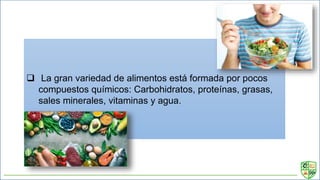  La gran variedad de alimentos está formada por pocos
compuestos químicos: Carbohidratos, proteínas, grasas,
sales minerales, vitaminas y agua.
 