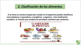 2. Clasificación de los alimentos
. Si se toma en cuenta el papel que cumple en el organismo pueden clasificarse
como plásticos o reparadores, energéticos y regulares . Esta clasificación
considera la función que cumplen los principios nutritivos que contienen.
 