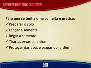 Para que se tenha uma colheita é preciso:
Preparar o solo
Lançar a semente
Regar a semente
Tirar as ervas daninhas
Proteger das aves e pragas do jardim
 