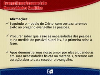 Afirmações:
 Seguindo o modelo de Cristo, com certeza teremos
êxito ao pregar o evangelho às pessoas.
 Procurar saber quais são as necessidades das pessoas
e, na medida do possível supri-las, é a primeira coisa a
fazer.
 Após demonstrarmos nosso amor por elas ajudando-as
em suas necessidades físicas ou materiais, teremos um
coração aberto para receber o evangelho.
 