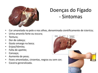 Doenças do Fígado
- Sintomas
• Cor amarelada na pele e nos olhos, denominada cientificamente de icterícia;
• Urina amarela forte ou escura;
• Tontura;
• Dor de cabeça;
• Gosto amargo na boca;
• Enjoo/Vómito;
• Falta de apetite;
• Cansaço;
• Aumento de peso;
• Fezes amareladas, cinzentas, negras ou sem cor;
• Coceira generalizada.
 