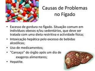 Causas de Problemas
no Fígado
• Excesso de gordura no fígado. Situação comum em
indivíduos obesos e/ou sedentários, que deve ser
tratada com uma dieta restritiva e actividade física;
• Intoxicação hepática pelo excesso de bebidas
alcoólicas;
• Uso de medicamentos;
• "Cansaço" do órgão após um dia de
exageros alimentares;
• Hepatite.
 