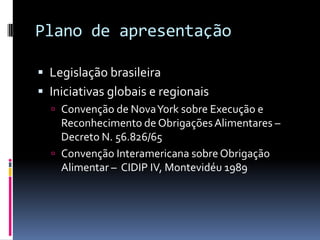 Plano de apresentaçãoLegislação brasileiraIniciativas globais e regionaisConvenção de Nova York sobre Execução e Reconhecimento de Obrigações Alimentares –  Decreto N. 56.826/65Convenção Interamericana sobre Obrigação Alimentar –  CIDIP IV, Montevidéu 1989