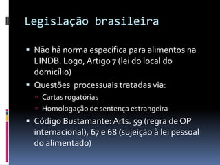 Legislação brasileiraNão há norma específica para alimentos na LINDB. Logo, Artigo 7 (lei do local do domicílio)Questões  processuais tratadas via:Cartas rogatóriasHomologação de sentença estrangeiraCódigo Bustamante: Arts. 59 (regra de OP internacional), 67 e 68 (sujeição à lei pessoal do alimentado)