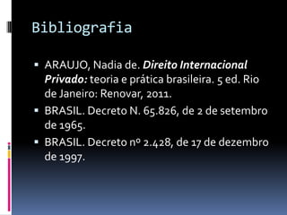 BibliografiaARAUJO, Nadia de. Direito Internacional Privado: teoria e prática brasileira. 5 ed. Rio de Janeiro: Renovar, 2011.BRASIL. Decreto N. 65.826, de 2 de setembro de 1965.BRASIL. Decreto nº 2.428, de 17 de dezembro de 1997.