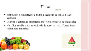 • Estimulam a mastigação, e assim, a secreção da saliva e suco
gástrico;
• Enchem o estômago proporcionando uma sensação de saciedade;
• No cólon devido a sua capacidade de absorver água, forma fezes
volumosas e macias;
Fibras Funções
 