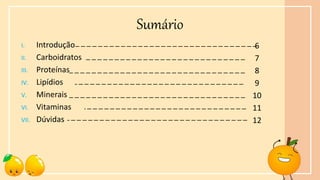Sumário
I. Introdução
II. Carboidratos
III. Proteínas
IV. Lipídios
V. Minerais
VI. Vitaminas
VII. Dúvidas
6
7
8
9
10
11
12
 