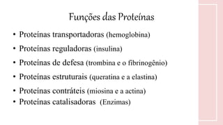 Funções das Proteínas
• Proteínas transportadoras (hemoglobina)
• Proteínas reguladoras (insulina)
• Proteínas de defesa (trombina e o fibrinogênio)
• Proteínas estruturais (queratina e a elastina)
• Proteínas contráteis (miosina e a actina)
• Proteínas catalisadoras (Enzimas)
 