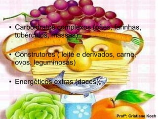 Carboidratos complexos (pães, farinhas, tubérculos, massas); Construtores ( leite e derivados, carne, ovos, leguminosas) Energéticos extras (doces);  Profª: Cristiane Koch 