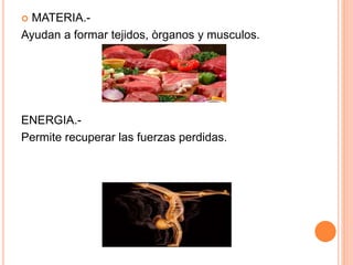  MATERIA.- 
Ayudan a formar tejidos, òrganos y musculos. 
ENERGIA.- 
Permite recuperar las fuerzas perdidas. 
 