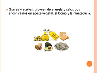  Grasas y aceites: proveen de energía y calor. Los 
encontramos en aceite vegetal, el tocino y la mantequilla. 
 