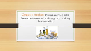 Grasas y Aceites: Proveen energía y calor.
Los encontramos en el aceite vegetal, el tocino y
la mantequilla.