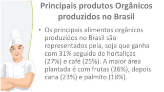 Principais produtos Orgânicos
produzidos no Brasil
• Os principais alimentos orgânicos
produzidos no Brasil são
representados pela, soja que ganha
com 31% seguida de hortaliças
(27%) e café (25%). A maior área
plantada é com frutas (26%), depois
cana (23%) e palmito (18%).

 