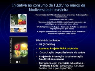 Fórum Global da OMS sobre Prevenção e Controle de Doenças Não Transmissíveis.  Rio de Janeiro – Brasil (09/11/2002) Workshop Kobe/Japão (2004) relatório sobre os dados e as estratégias governamentais sobre o tema Workshop Lisboa/Portugual – Promoção de FL&V nos países de língua portuguesa  (set 2005) Congreso panamericano para consumo de frutas e verduras - Mendonza/ Argentina (maio 2006) Iniciativa ao consumo de F,L&V no marco da biodiversidade brasileira Ministério da Saúde GT (CONSEA) Apoio ao Projeto PARA da Anvisa Capacitação de profissionais de saúde  Projeto de Promoção da Alimentação Saudável nas escolas Campanha com materiais educativos – “Pratique Saúde”  (Logomarca/ Cartazes/ Cartilha para a população/ Site) 