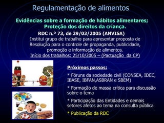Regulamentação de alimentos Evidências sobre a formação de hábitos alimentares; Proteção dos direitos da criança. RDC n.º 73, de 29/03/2005 (ANVISA)  Institui grupo de trabalho para apresentar proposta de Resolução para o controle de propaganda, publicidade, promoção e informação de alimentos. Início dos trabalhos: 25/10/2005 – (Pactuação  da CP) Próximos passos: * Fóruns da sociedade civil (CONSEA, IDEC, IBASE, IBFAN,ASBRAN e SBEM) * Formação de massa crítica para discussão sobre o tema * Participação das Entidades e demais setores afetos ao tema na consulta pública * Publicação da RDC 