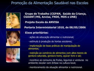 Promoção da Alimentação Saudável nas Escolas Grupo de Trabalho (CGPAN,  Saúde da Criança, CGDANT/MS, Anvisa, FNDE, MDS e UNB) Projeto Escola da ANVISA Portaria Interministerial 1010, de 08/05/2006 Eixos prioritários: ações de educação alimentar e nutricional; estímulo à produção de hortas escolares; implantação de boas práticas de manipulação de alimentos; r estrição ao comércio de alimentos com altos teores de gordura saturada, gordura trans, açúcar livre e sal; i ncentivo ao consumo de frutas, legumes e verduras  no ambiente escolar com ênfase na cultura local; monitoramento da situação alimentar e nutricional. 