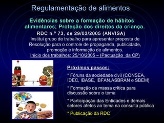 Regulamentação de alimentos
  Evidências sobre a formação de hábitos
alimentares; Proteção dos direitos da criança.
     RDC n.º 73, de 29/03/2005 (ANVISA)
 Institui grupo de trabalho para apresentar proposta de
 Resolução para o controle de propaganda, publicidade,
           promoção e informação de alimentos.
 Início dos trabalhos: 25/10/2005 – (Pactuação da CP)

                   Próximos passos:
                   * Fóruns da sociedade civil (CONSEA,
                   IDEC, IBASE, IBFAN,ASBRAN e SBEM)
                   * Formação de massa crítica para
                   discussão sobre o tema
                   * Participação das Entidades e demais
                   setores afetos ao tema na consulta pública
                   * Publicação da RDC
 