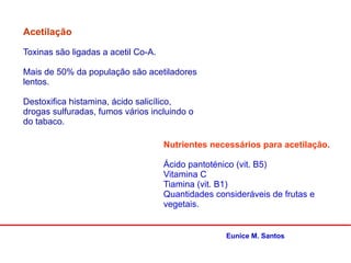 Acetilação
Toxinas são ligadas a acetil Co-A.
Mais de 50% da população são acetiladores
lentos.
Destoxifica histamina, ácido salicílico,
drogas sulfuradas, fumos vários incluindo o
do tabaco.
Nutrientes necessários para acetilação.
Ácido pantoténico (vit. B5)
Vitamina C
Tiamina (vit. B1)
Quantidades consideráveis de frutas e
vegetais.
Eunice M. Santos
 
